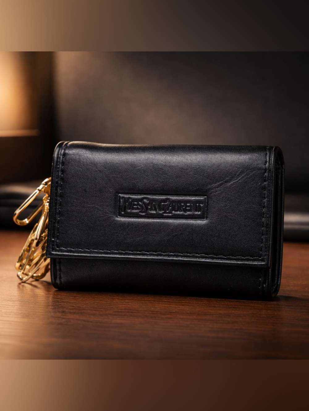 Vintage YSL Keychain Black Leather 6 Hook Key Case NWT